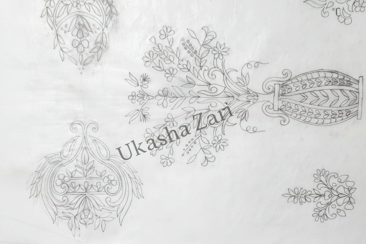 Detailed line drawings of various decorative elements on a textured paper background